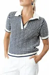 Simkhai Kenzie Short Sleeve Polo Tee In Midnight Stripe In White
