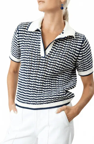 Simkhai Kenzie Short Sleeve Polo Tee In Midnight Stripe In White
