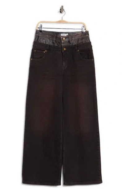 Simkhai Kove Double Waistband High Waist Straight Leg Leather Contrast Jeans In Black