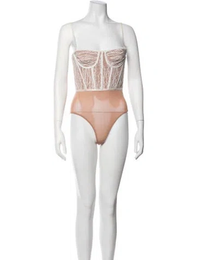 Pre-owned Simkhai Lace Pattern Square Neckline Bodysuit In Neutrals/white