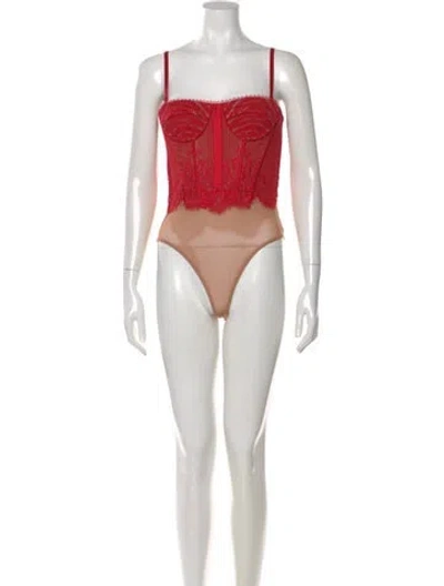 Pre-owned Simkhai Lace Pattern Square Neckline Bodysuit In Red