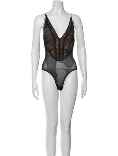 Pre-owned Simkhai Lace Pattern V-neck Bodysuit In Black