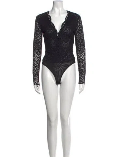 Pre-owned Simkhai Lace Pattern V-neck Bodysuit In Black