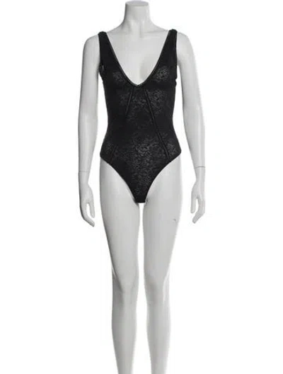 Pre-owned Simkhai Lace Pattern V-neck Bodysuit In Blue