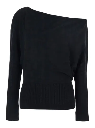 SIMKHAI 'LAVINA' BLACK DRAPED OFF-SHOULDER SWEATER IN WOOL BLEND WOMAN