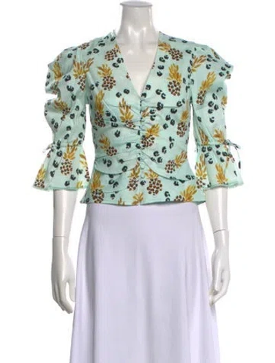 Pre-owned Simkhai Linen Floral Print Blouse In Blue