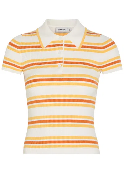 Simkhai Luka Striped Cotton-blend Polo Top In White