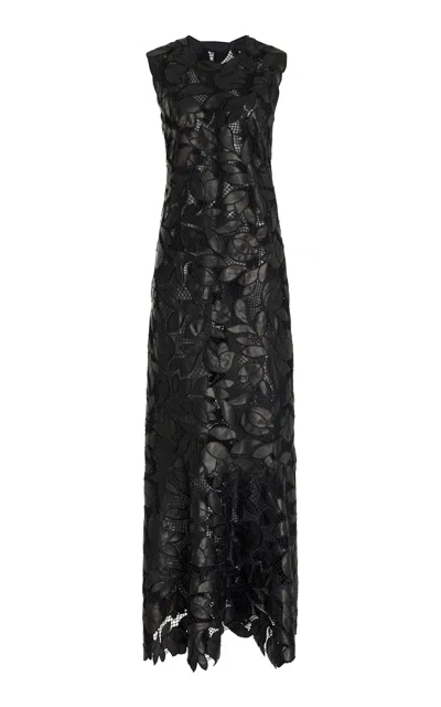 Simkhai Magnolia Embroidered Vegan Leather Maxi Dress In Black