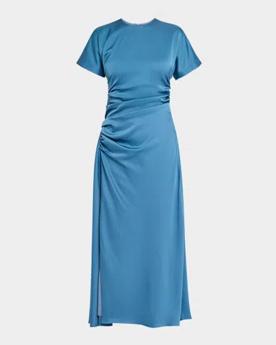 Simkhai Marabella Ruched Satin Midi Dress In Blue