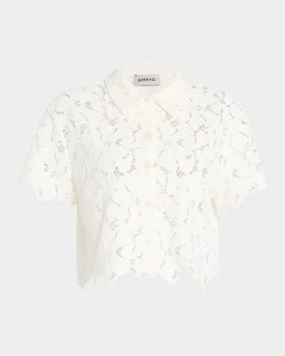 Simkhai Marjorie Cropped Floral Lace Camp Shirt In White