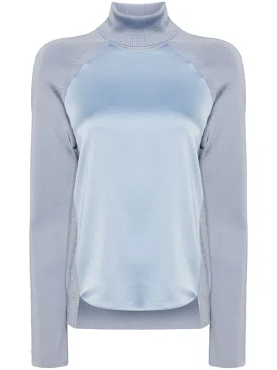 Simkhai Mateo Satin-paneled Knitted Turtleneck Sweater In Bleu