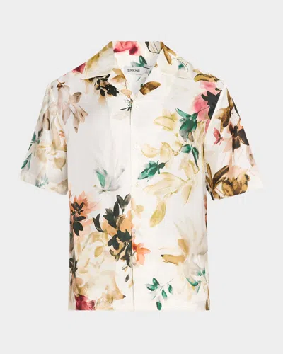 Simkhai Casper Printed Silk Shirt Ivory Watercolor Floral In White