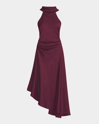 Simkhai Monica High-low Satin Halter Midi Dress In Brown