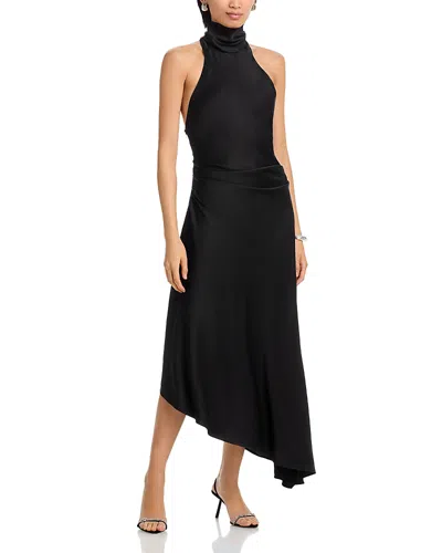 Simkhai Monica Asymmetric Tie-detailed Satin Halterneck Midi Dress In Black