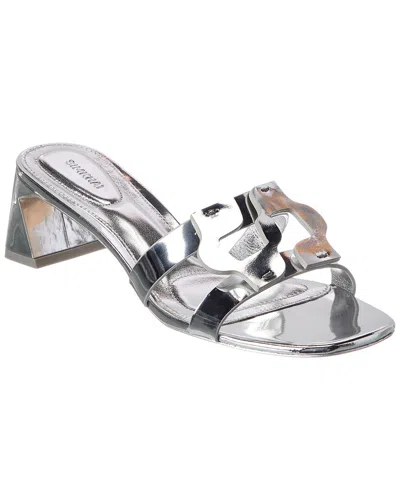 Simkhai Monogram Metallic Block Heel Leather Sandal In Silver