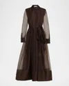 Simkhai Montgomery Sheer Pleated Midi Shirtdress In Brown