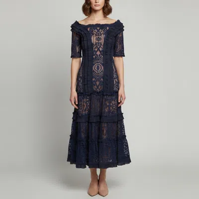 Pre-owned Simkhai Navy Blue Floral Lace Tiered Off-shoulder Midi Dress S