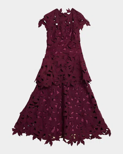 Simkhai Neve Layered Floral Cutwork Lace Midi Dress In Burgundy