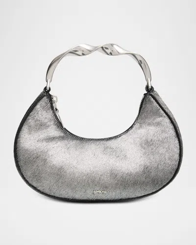 Simkhai Nixi Crescent Calf Hair Top-handle Bag In Silver