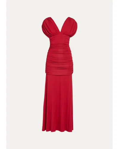 Simkhai Norvelle Ruched Cap-sleeve Gown In Red