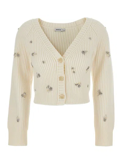 SIMKHAI 'NOVAH' WHITE CROPPED RHINESTONED CARDIGAN WITH V NECK IN WOOL AND CASHMERE WOMAN