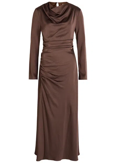 Simkhai Odessa Gathered Satin Midi Dress In Brown