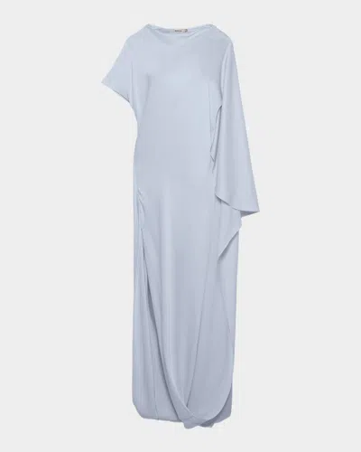 Simkhai Ora Satin Asymmetric Drape Sleeve Gown In Blue