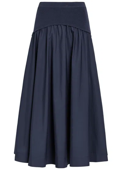 Simkhai Ovie Knit-waist Cotton-poplin Midi Skirt In Navy