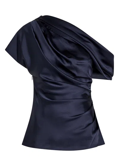 Simkhai Draped Asymmetrical One-shoulder Navy Top In Blue