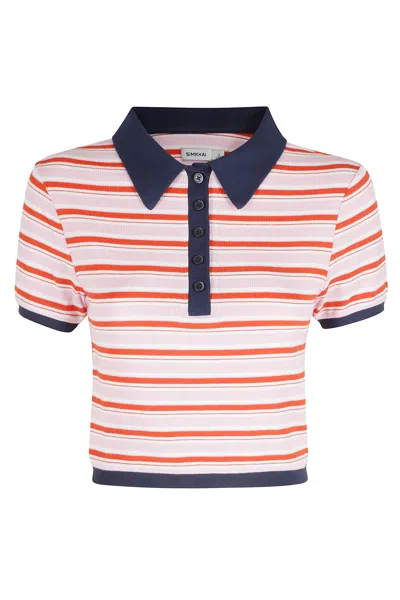 Simkhai Pink Marnie Knit Striped-pattern Viscose-blend Polo Shirt In Multi