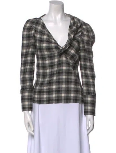 Pre-owned Simkhai Plaid Print Long Sleeve Blouse In Green