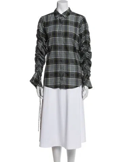 Pre-owned Simkhai Plaid Print Mock Neck Button-up Top In Green