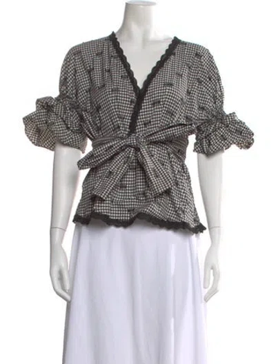 Pre-owned Simkhai Plaid Print V-neck Blouse In White