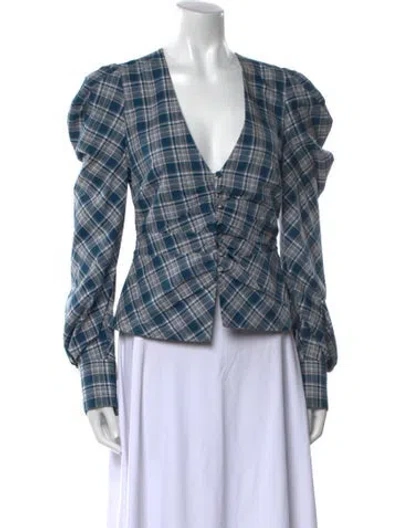 Pre-owned Simkhai Plaid Print V-neck Crop Top In Blue