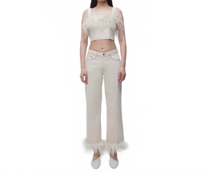 Simkhai Reeves Cropped Feather-trimmed Denim Top In White