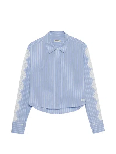 Simkhai Renata Cropped Lace-trimmed Striped Cotton-poplin Shirt In Blue