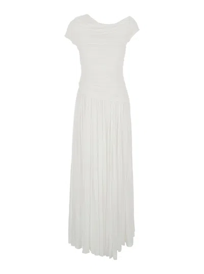 SIMKHAI RHIANNON WHITE ONE-SHOULDER MIDI DRESS WITH GATHERED BODICE AND PLEATED SKIRT IN TECH FABRIC WOMAN