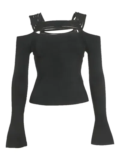 Pre-owned Simkhai Ribbed Knit Shoulder-cutout Top In Black