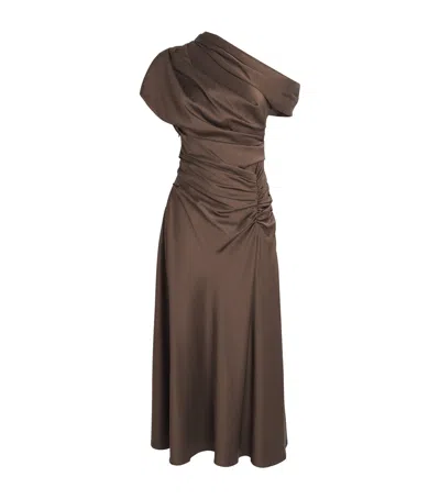 Simkhai Satin Asymmetric Joanna Midi Dress In Brown