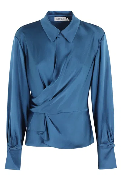 SIMKHAI SATIN-FINISH LONG-SLEEVE BLOUSE WITH DRAPED FRONT