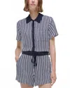 Simkhai Ireland Short Sleeve Cropped Camp Shirt In Midnight Stripe In Blue