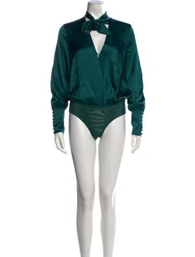Pre-owned Simkhai Silk Tie Neck Bodysuit In Green