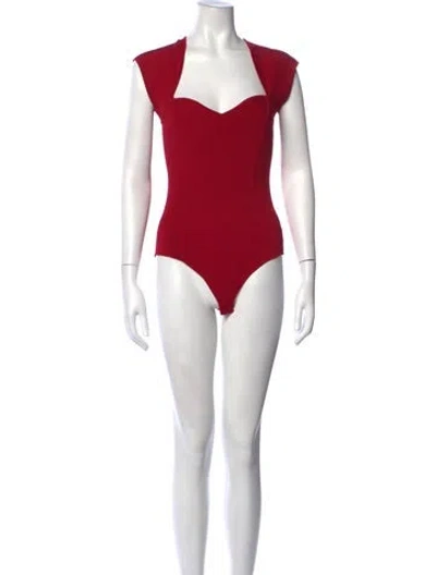 Pre-owned Simkhai Square Neckline Short Sleeve Bodysuit In Red