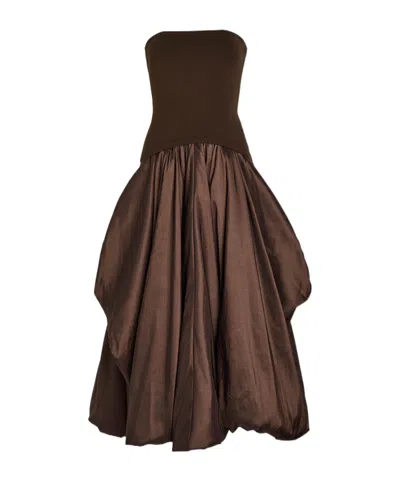 Simkhai Strapless Ribbed-knit And Shell Midi Dress In Brown