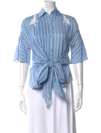 Pre-owned Simkhai Striped Short Sleeve Button-up Top In Blue