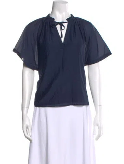 Pre-owned Simkhai Tie Neck Short Sleeve Blouse In Blue