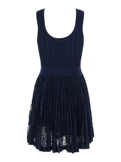 Simkhai U-neck Sleeveless Mini Dress With Elastic Waist And Lace-trim Skirt In Tech Fabric In Purple