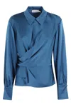 Simkhai Satin-finish Long-sleeve Blouse With Draped Front In Marine