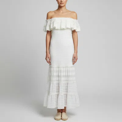 Pre-owned Simkhai White Ruffled Lace Off-shoulder Trumpet Midi Dress M