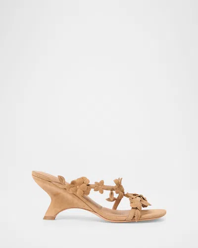 Simkhai Willow Floral Applique Suede Kitten-heel Sandals In Neutral